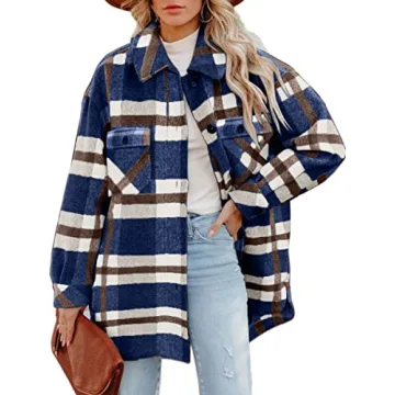 CHYRII Women's Casual Brushed Flannel Plaid Shacket with Pockets in Navy