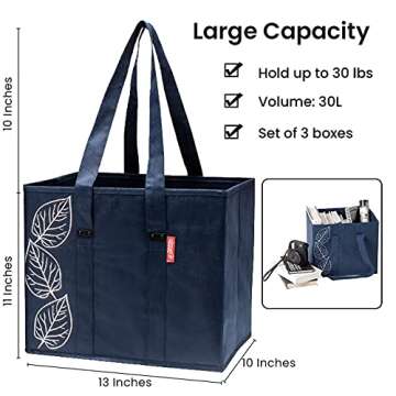 PLANET E Reusable Foldable Grocery Bags with Reinforced Bottoms (Pack of 3, Navy)