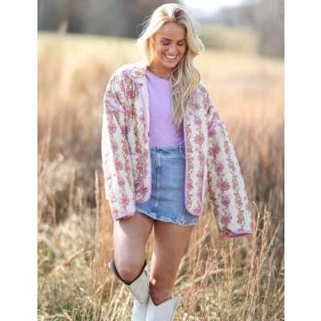 Yimoon Women's Cropped Puffer Quilted Jacket Vintage Floral Print Open Front Lightweight Short Jacket Outwear (Purple-L)