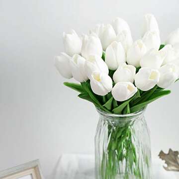 IPOPU 24PCS White Tulips Artificial Flowers Real Touch Tulips Flowers White Fake Tulips Flowers for ...