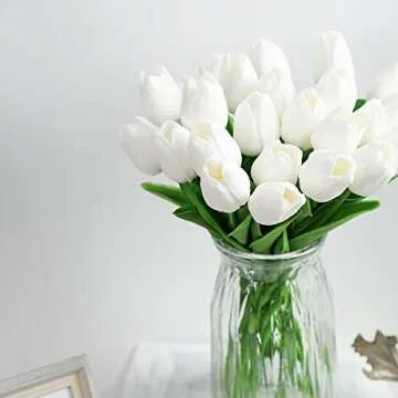 IPOPU 24PCS White Tulips Artificial Flowers Real Touch Tulips Flowers White Fake Tulips Flowers for ...