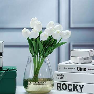 IPOPU 24PCS White Tulips Artificial Flowers Real Touch Tulips Flowers White Fake Tulips Flowers for Home Table Decoration Wedding Bouquet Party Baby Shower Centerpieces Bridal Bouquet Decor (White)