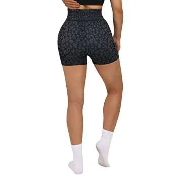 SUUKSESS Women Ribbed Biker Shorts Seamless High Waisted Workout Short Leggings (Black Leopard, L)