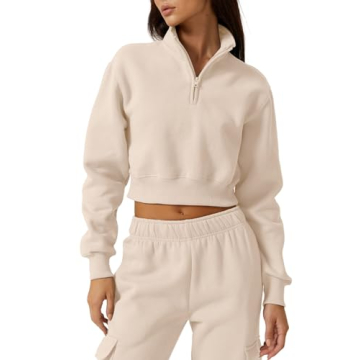 QINSEN Women's High Neck Stretch Fleece Sweatshirt Cropped Zipper Pullover Beige S