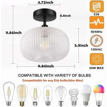 Semi Flush Mount Ceiling Light,Black Hallway Light Fixture,Globe Glass Ceiling Lights,Vintage Close to Ceiling Light,Industrial Kitchen Light Fixtures,Farmhouse Ceiling Light for Entryway,Foyer