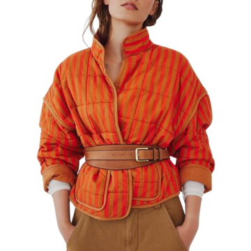 InterNos Womens Quilted Jacket Lightweight Winter Striped Stand Collar Padded Puffer Cardigan Coat w...