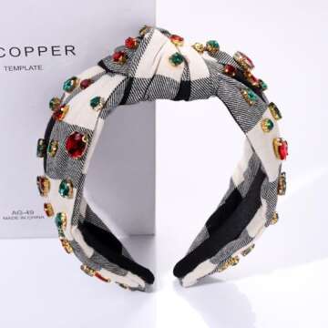 Christmas Headband for Women Holiday Christmas Accessories Beaded Xmas Bow Tree Snowflake HOHOHO Knotted Headband Red Green Crystal Pearl Top Knot Headband Festive Holiday Gifts (White Grey Plaid)