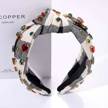 Christmas Headband for Women Holiday Christmas Accessories Beaded Xmas Bow Tree Snowflake HOHOHO Knotted Headband Red Green Crystal Pearl Top Knot Headband Festive Holiday Gifts (White Grey Plaid)