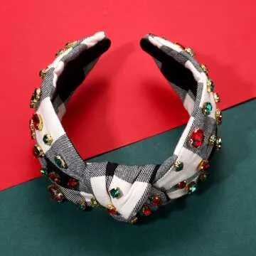 Christmas Headband for Women Holiday Christmas Accessories Beaded Xmas Bow Tree Snowflake HOHOHO Knotted Headband Red Green Crystal Pearl Top Knot Headband Festive Holiday Gifts (White Grey Plaid)