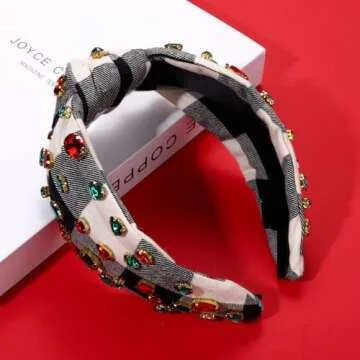 Christmas Headband for Women Holiday Christmas Accessories Beaded Xmas Bow Tree Snowflake HOHOHO Knotted Headband Red Green Crystal Pearl Top Knot Headband Festive Holiday Gifts (White Grey Plaid)