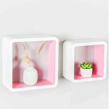 Homewell Set of 2 Cube Floating Shelves, Wood Wall Shelves for Home Decoration, Storage Display Rack, White+Pink.