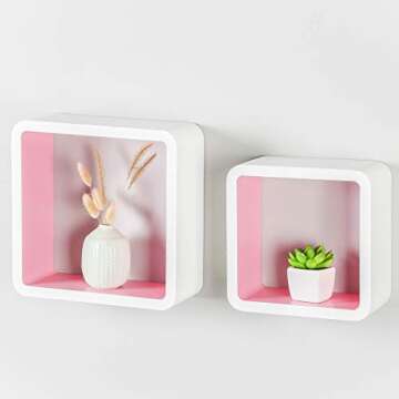 Homewell Set of 2 Cube Floating Shelves, Wood Wall Shelves for Home Decoration, Storage Display Rack, White+Pink.