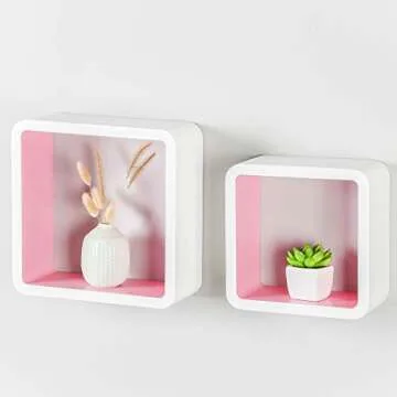 Homewell Set of 2 Cube Floating Shelves, Wood Wall Shelves for Home Decoration, Storage Display Rack, White+Pink.