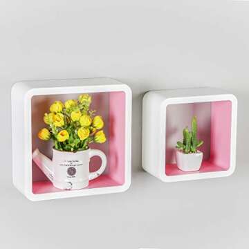 Homewell Set of 2 Cube Floating Shelves, Wood Wall Shelves for Home Decoration, Storage Display Rack, White+Pink.