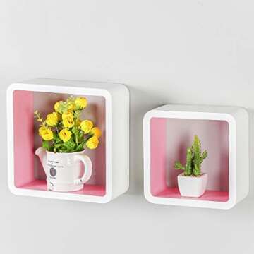 Homewell Set of 2 Cube Floating Shelves, Wood Wall Shelves for Home Decoration, Storage Display Rack, White+Pink.