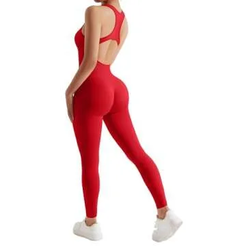 RXRXCOCO Women Backless One Piece Jumpsuits Sleeveless Scoop Neck Bodycon Romper Seamless Workout Yoga Jumpsuits Red Medium