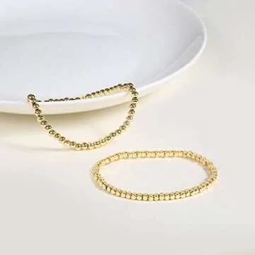 Badu Gold Bead Bracelet for Women 14K Gold Plated Bead Ball Bracelet Stretchable Elastic Hypoallergenic Bohemian Stackable Bracelet