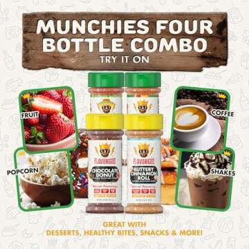 Flavor God Munchies Combo Pack Of 4, Seasoning Gift Set, Taco Tuesday, Pizza, Buttery Cinnamon Roll, Chocolate Donut, Natural Healthy Spice Blend, Low Sodium Chicken, Beef, Seafood, Salad, Steak Rub