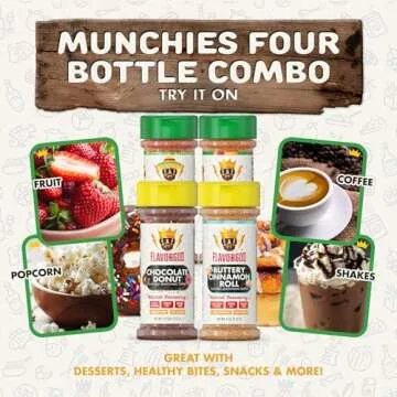 Flavor God Munchies Combo Pack Of 4, Seasoning Gift Set, Taco Tuesday, Pizza, Buttery Cinnamon Roll, Chocolate Donut, Natural Healthy Spice Blend, Low Sodium Chicken, Beef, Seafood, Salad, Steak Rub
