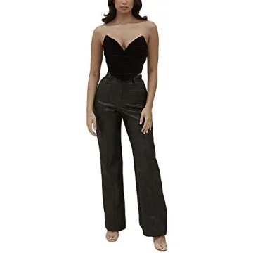 Shuyun Women Faux Leather High Waist Straight Leg Pants