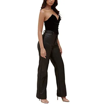 Shuyun Women Faux Leather High Waist Straight Leg Pants
