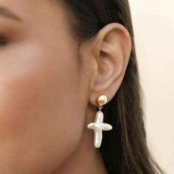Ettika Gold Earrings for Women. Pearl Earrings, Organic Freshwater Pearl Cross And 18k Gold Plated Stud Dangle Earrings. Jewelry