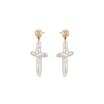 Ettika Gold Earrings for Women. Pearl Earrings, Organic Freshwater Pearl Cross And 18k Gold Plated Stud Dangle Earrings. Jewelry