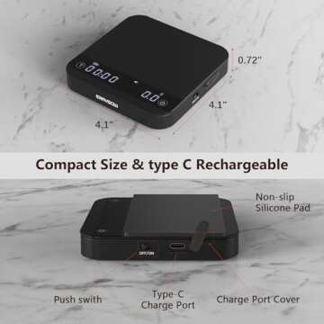 Mini Coffee Scale with Auto Timing, Rechargeable Espresso Scale with Timer, 2kg/0.1g High Precision Scale for Espresso and Pour-Over Coffee with Brewing Assist Modes