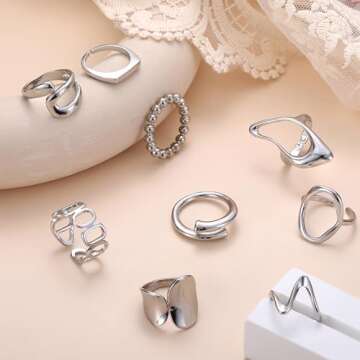 FIBO STEEL 9 Pcs Gold Chunky Rings Set - Adjustable & Chic
