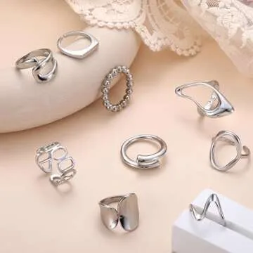 FIBO STEEL 9 Pcs Gold Chunky Rings Set - Adjustable & Chic