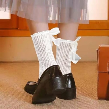 Kawaii White Ruffle Sheer Socks with Bows for Women