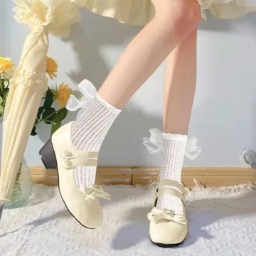 Kawaii White Ruffle Sheer Socks with Bows for Women