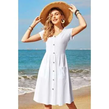 OUGES Summer Midi Dress with Pockets and Buttons
