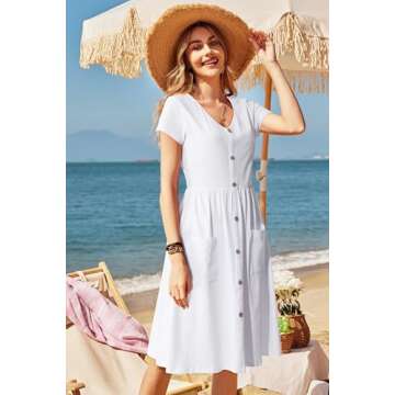 OUGES Summer Midi Dress with Pockets and Buttons