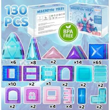 LionFuny 130Pcs Magnetic Tiles, Frozen Toys for Girls 3D Diamond Magnetic Building Blocks, STEM Sensory Educational Toys for Toddlers Kids, Birthday Gifts for Girls 3 4 5 6 7 8+ Year Old