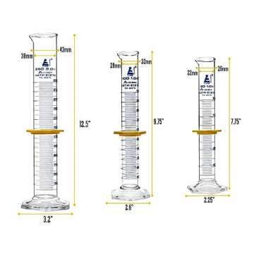 EISCO Premium Graduated Cylinder Set - 50mL, 100mL & 250mL - ASTM, Class A - Protective Collars, Hexagonal Base - Blue Graduations - Borosilicate 3.3 Glass