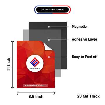 Flexible Magnets 10 Adhesive Magnetic Sheets - 8.5inches x 11inches - 20 mil Magnet - Peel & Stick