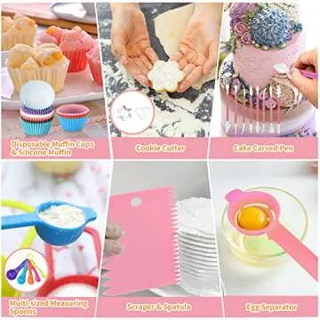 Cake Decorating Supplies Tools Kit: 358pcs Baking Accessories with Storage Case - Piping Bags and Icing Tips Set - Cupcake Cookie Frosting Fondant Bakery Set for Adults Beginners or Professional, Pink