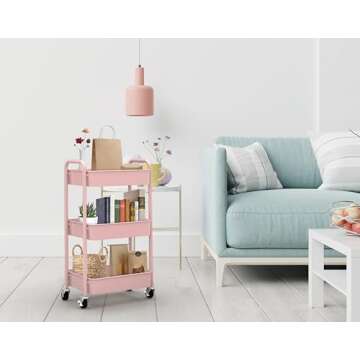 CAXXA 3-Tier Rolling Metal Storage Organizer - Mobile Utility Cart with Caster Wheels, Pink