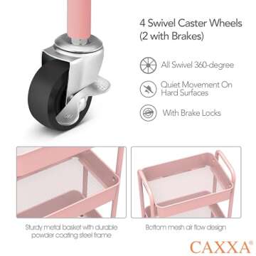 CAXXA 3-Tier Rolling Metal Storage Organizer - Mobile Utility Cart with Caster Wheels, Pink