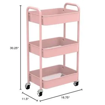 CAXXA 3-Tier Rolling Metal Storage Organizer - Mobile Utility Cart with Caster Wheels, Pink