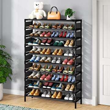 Tribesigns Upgraded 10 Tiers Shoe Rack, Large Capacity Shoe Shelf, Tall Shoe Organizer for 50 Pairs, Space Saving Shoe Storage (Black, 10 Tier-With Cover)