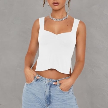 Women’s Crop Tank Tops Sexy Sleeveless Sweetheart Neck Strappy Skinny Slits Pleasted Bustier Y2K Outfit Crop Vest Cami Tops (as1, Alpha, s, Regular, Regular, White)