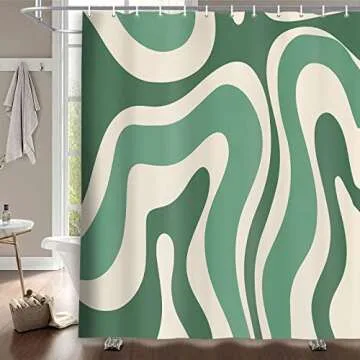 JAWO Cute Green Shower Curtain, Aesthetic 70s Abstract Wavy Swirl Shower Curtain Set with Hooks, Ret...