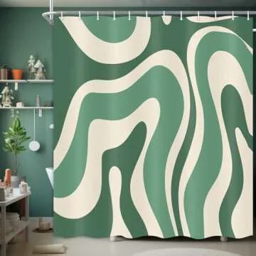 JAWO Cute Green Shower Curtain, Aesthetic 70s Abstract Wavy Swirl Shower Curtain Set with Hooks, Retro Boho Funky Bathroom Accessories Fabric Bath Curtains 69x70 Inches