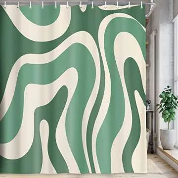 JAWO Cute Green Shower Curtain, Aesthetic 70s Abstract Wavy Swirl Shower Curtain Set with Hooks, Retro Boho Funky Bathroom Accessories Fabric Bath Curtains 69x70 Inches