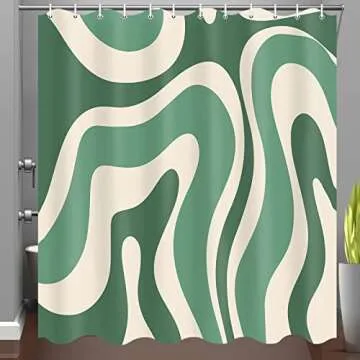 JAWO Cute Green Shower Curtain, Aesthetic 70s Abstract Wavy Swirl Shower Curtain Set with Hooks, Retro Boho Funky Bathroom Accessories Fabric Bath Curtains 69x70 Inches