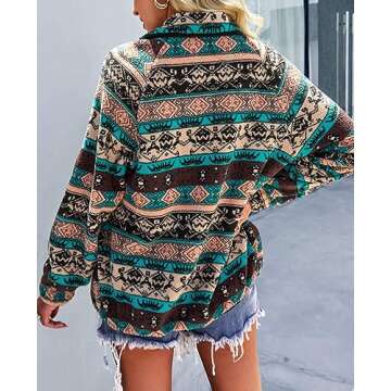 SELINK Womens Fleece Jacket Western Aztec Print Long Sleeve Snap Button Down Shacket