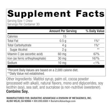 Bariatric Advantage Iron Chewy Bite Chocolate Raspberry Truffle (30 mg iron, 60 mg vitamin c) 30 count