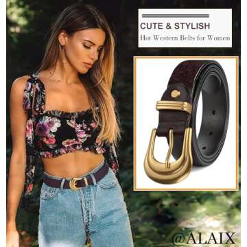ALAIX Women's Belt Western Belts Silver Gold Buckle Black Leather Belt Pants Jeans Belts for Women